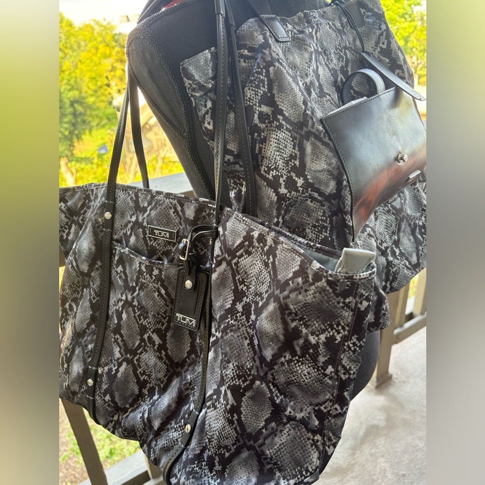 NWT 2 Tumi Bags. 1 Snake Skin Print Tote and 1 Roll up Snake Skin Tote.